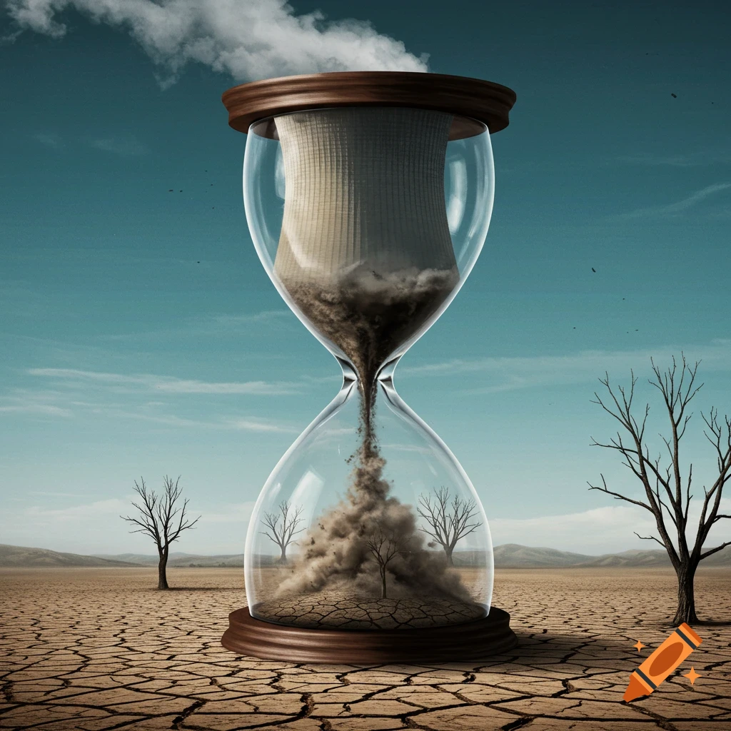 An hourglass with a cooling tower inside, material falling onto cracked earth with dead trees.