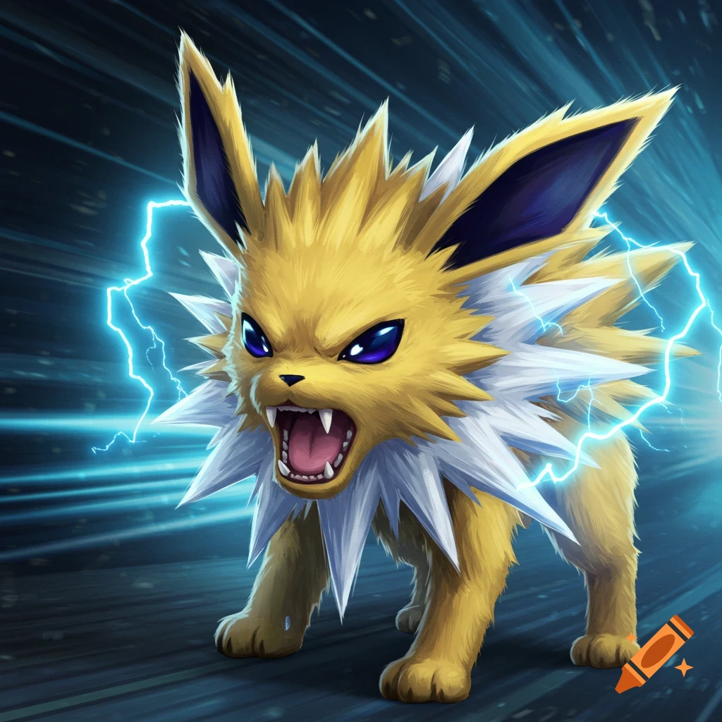 Digital illustration of Jolteon growling with lightning effects.