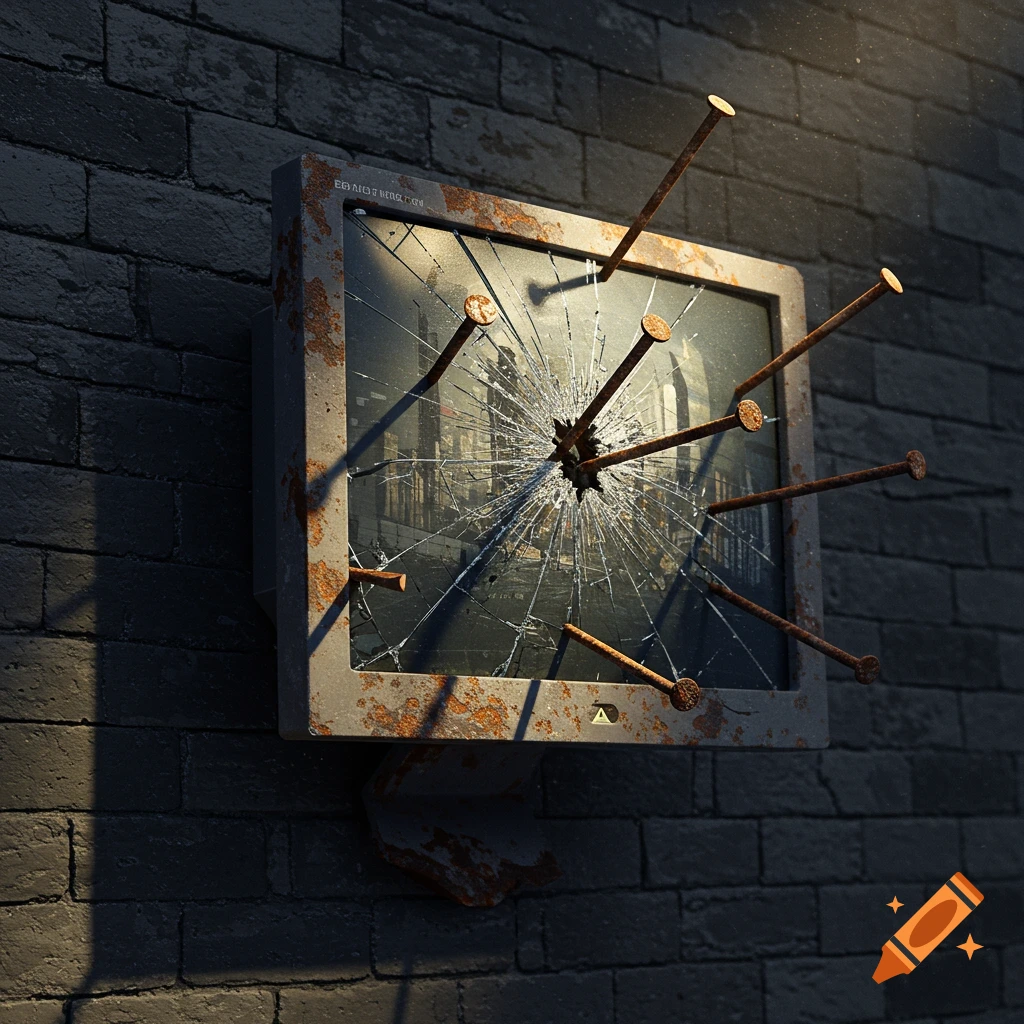 A broken computer monitor with multiple nails hammered through its shattered screen is mounted on a brick wall.