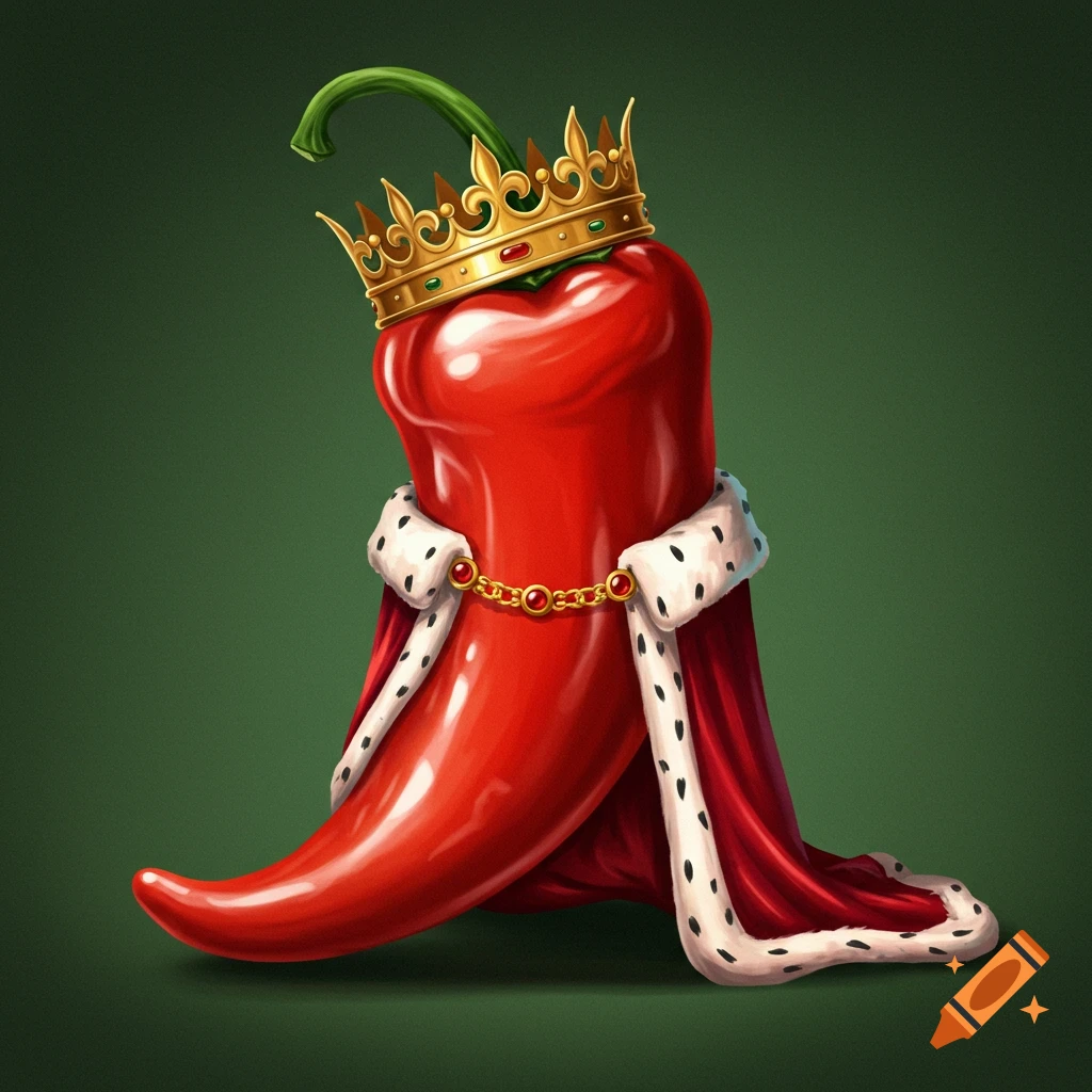 A chili pepper wearing a golden crown and a red and white royal robe.