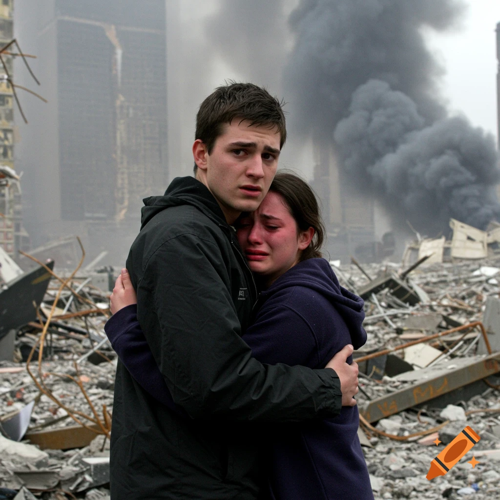 Couple embraces and cries in the rubble and smoke of a destroyed city.