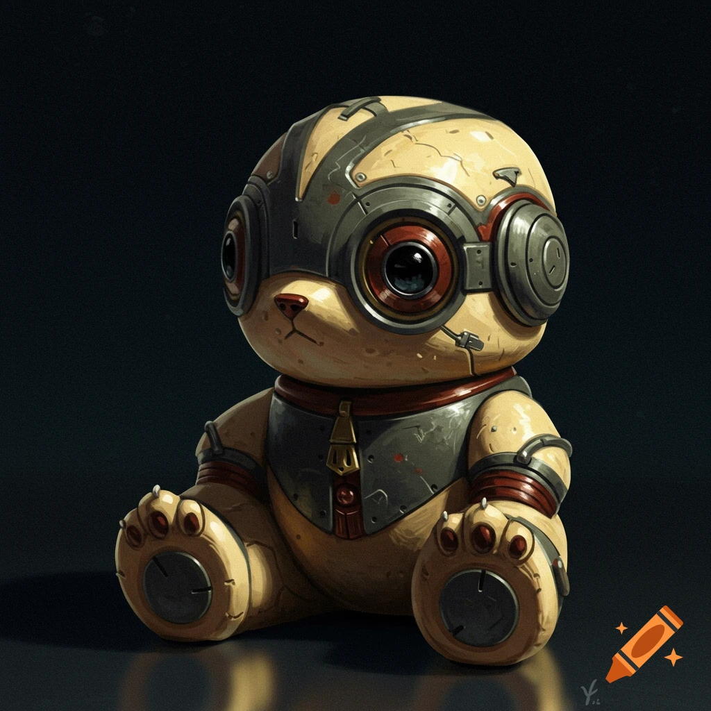 A creepy cute robot teddy bear sitting down