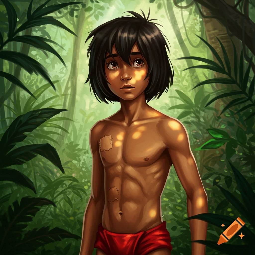 A shirtless young man is in a jungle, with sunlight dappling through the leaves.