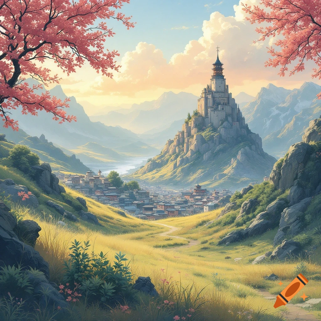 A fantasy landscape with a castle on a hill overlooking a village, framed by pink flowering trees.