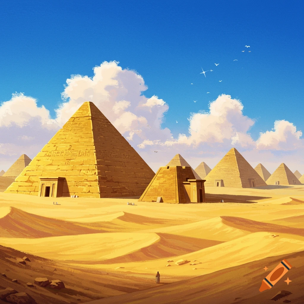 Multiple ancient pyramids stand in a desert landscape under a blue sky.