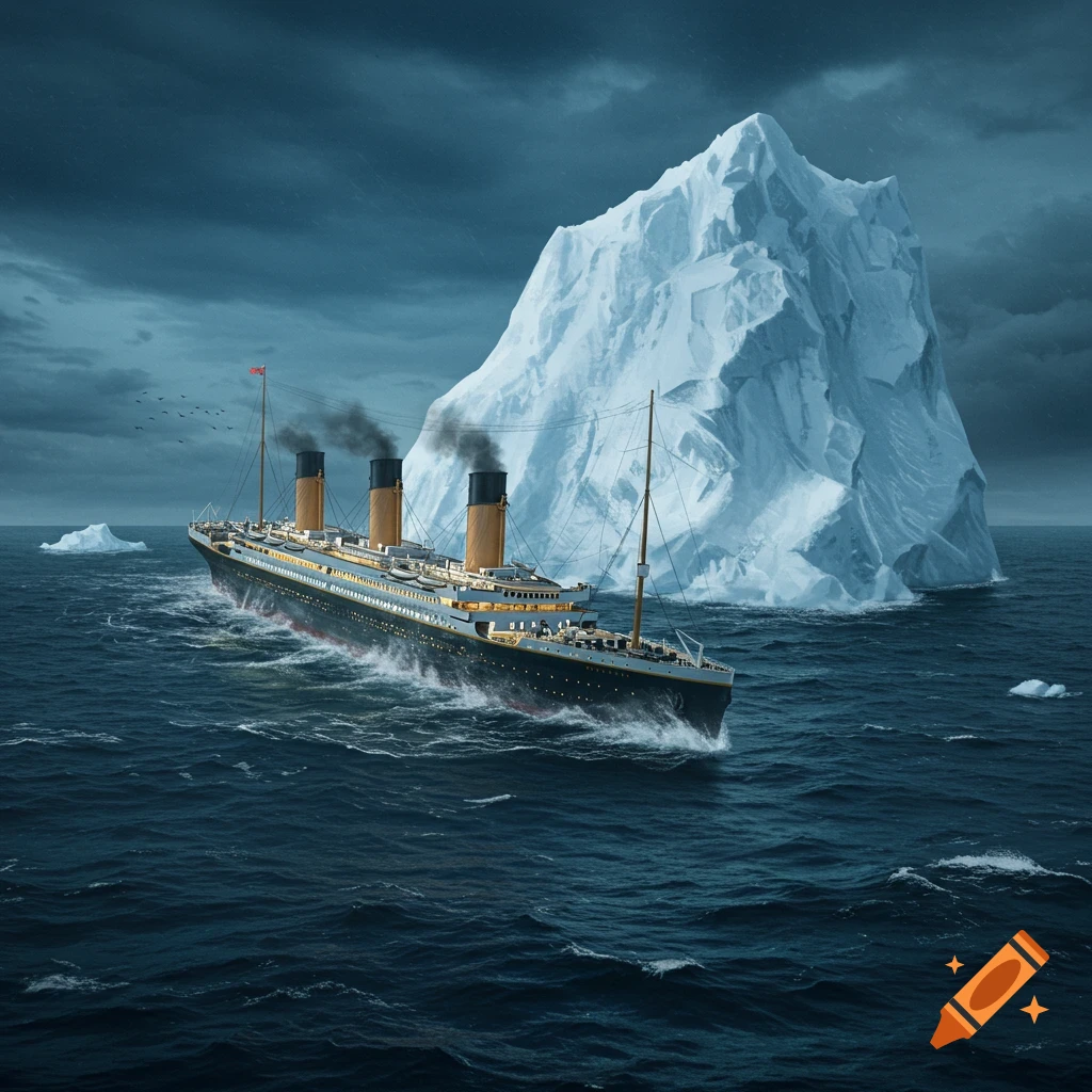 The Titanic ship encounters a large iceberg at sea under a stormy sky.