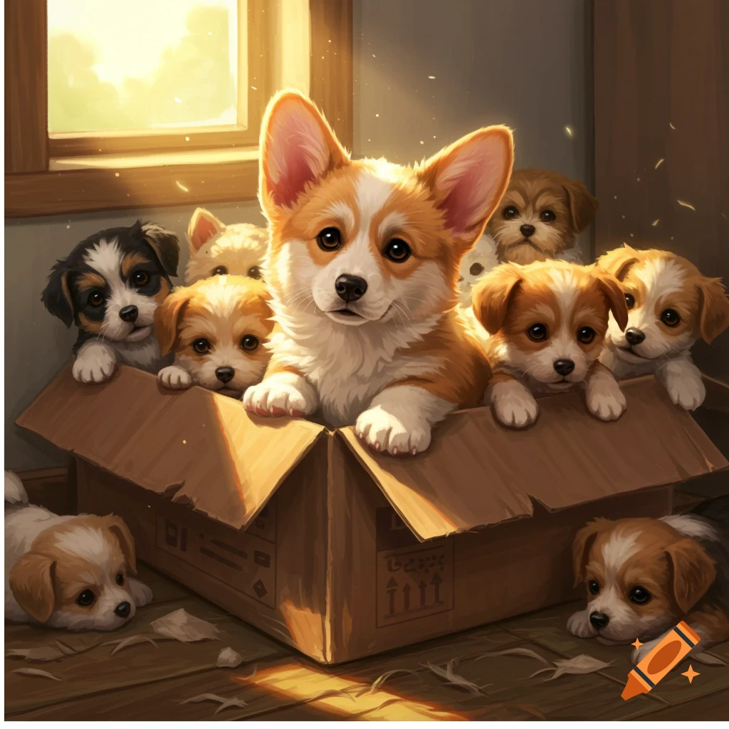 A group of puppies, including a corgi, are in a cardboard box.
