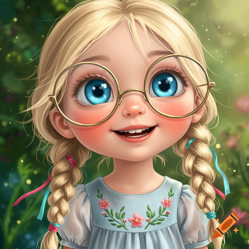 Illustration of a smiling cartoon girl with blonde braids, round glasses, and blue eyes in a garden.