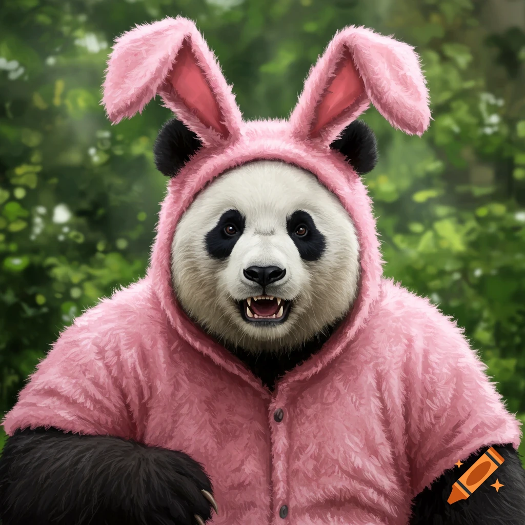 A panda in a pink furry bunny costume with pointed ears, outdoors.