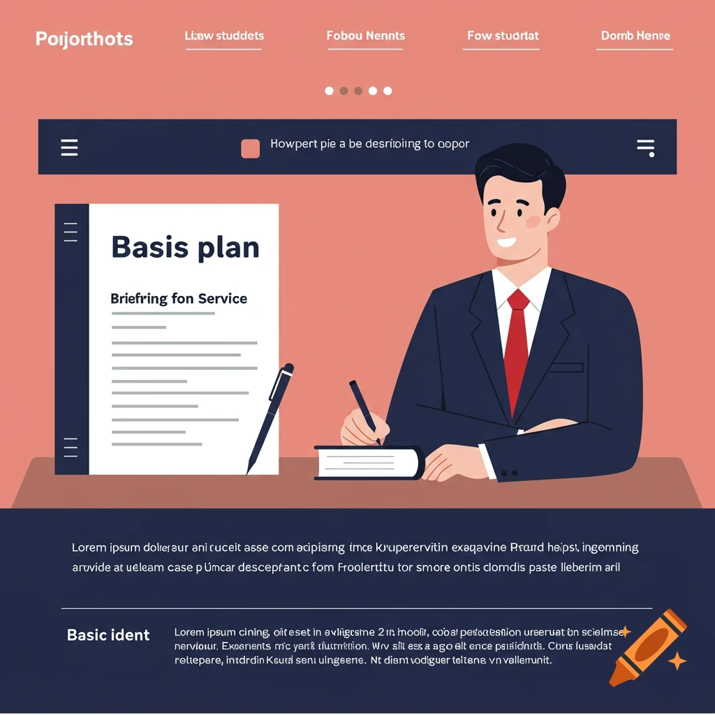 Cartoon illustration of a man in a suit writing at a desk with a document titled "Basis plan" and website layout elements.