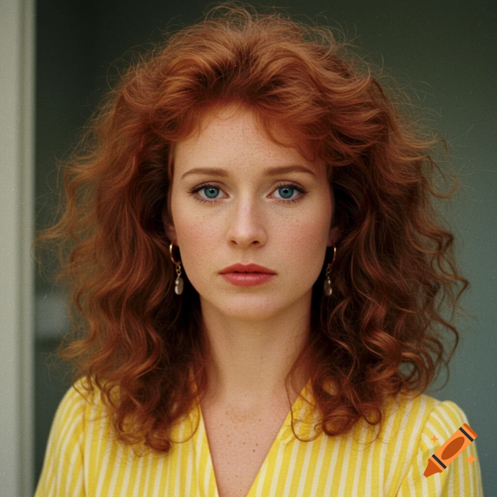 Portrait of a woman with red curly hair and blue eyes wearing a yellow striped dress, 1980s style.