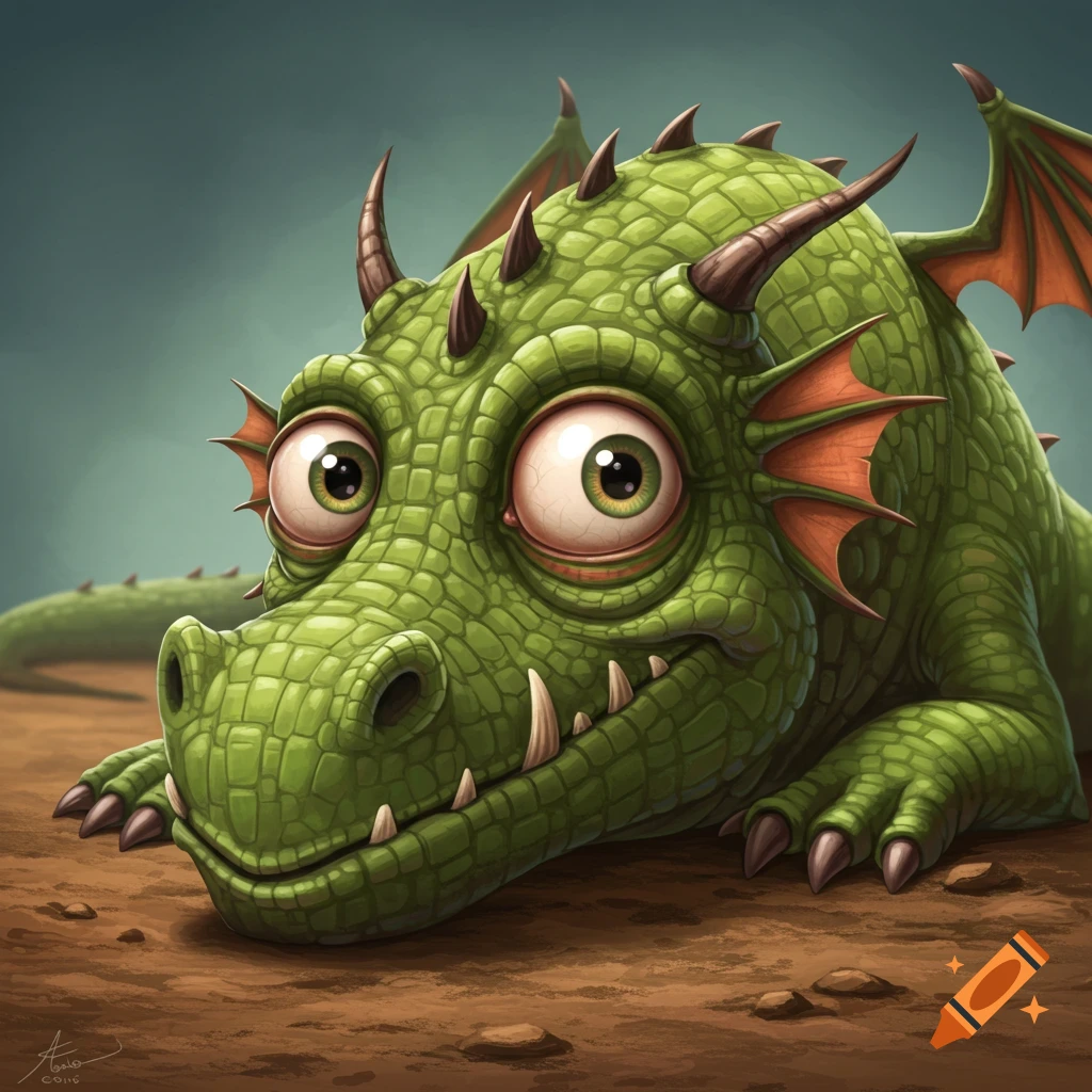 A whimsical green cartoon dragon with large eyes