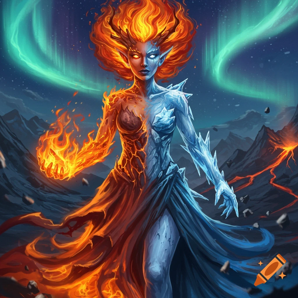 Painting of a fantasy woman split between fire and ice in a volcanic landscape with aurora borealis.