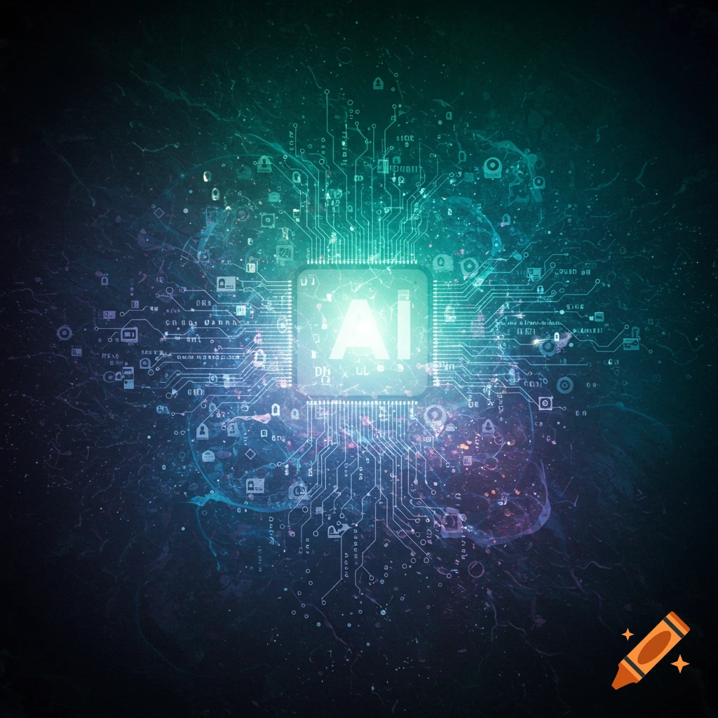A detailed view of a complex circuit board. The letters 'AI' are prominently displayed in the center, integrated within the intricate network of circuitry. Surrounding the core, patterns resembling data streams and connections are visible. The overall color palette is dominated by vibrant green and cool blue hues, highlighting the technological theme.
