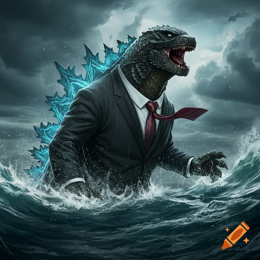 Godzilla in a suit emerging from stormy ocean waves