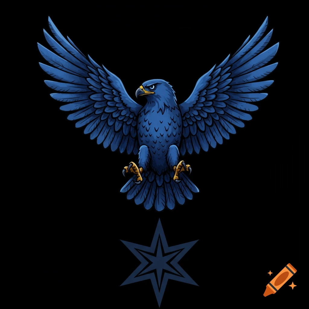 An illustration of a blue hawk with wings spread above a star on a black background.
