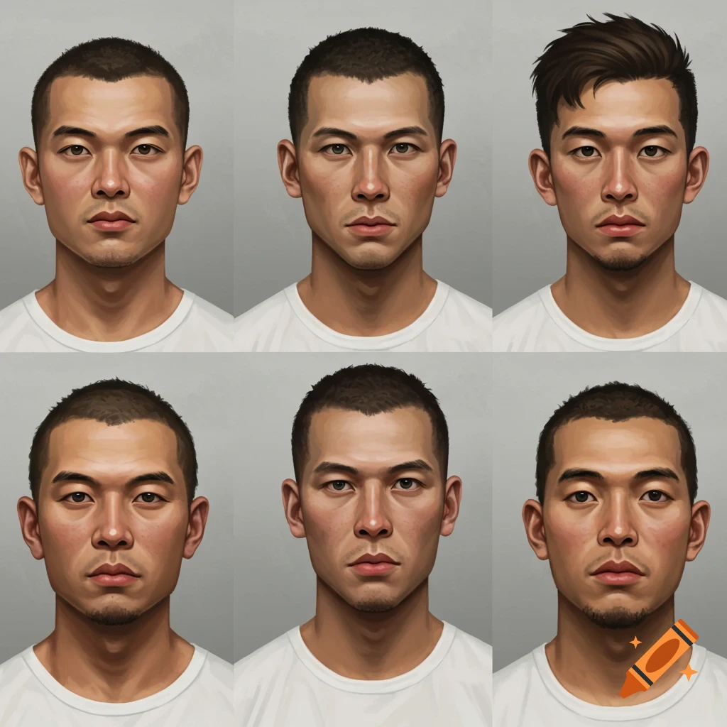 Six portraits of similar-looking men arranged in a grid.
