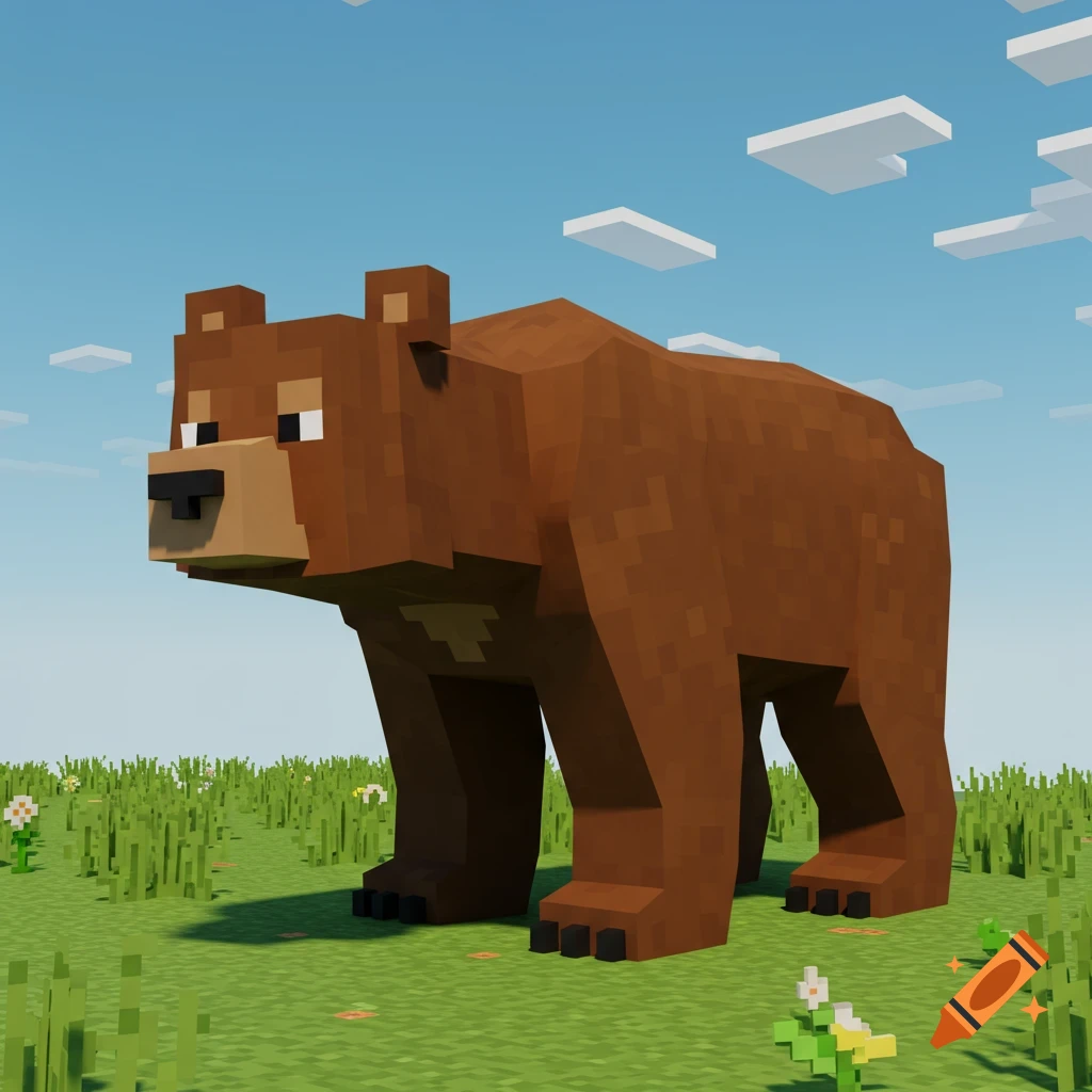 A blocky brown bear standing in a grassy field in a Minecraft style.