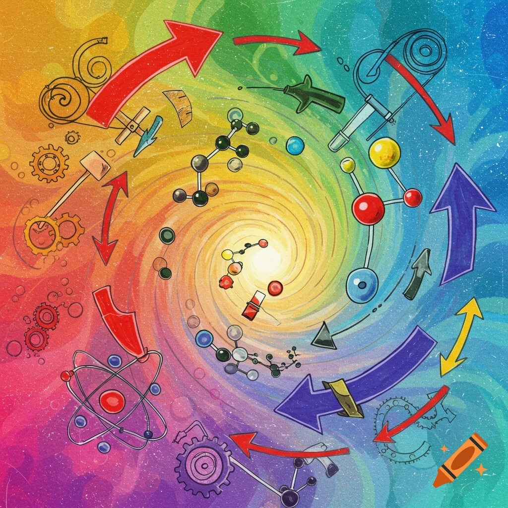A colorful illustration of scientific symbols like atoms, molecules, gears, and arrows swirling around a vortex.