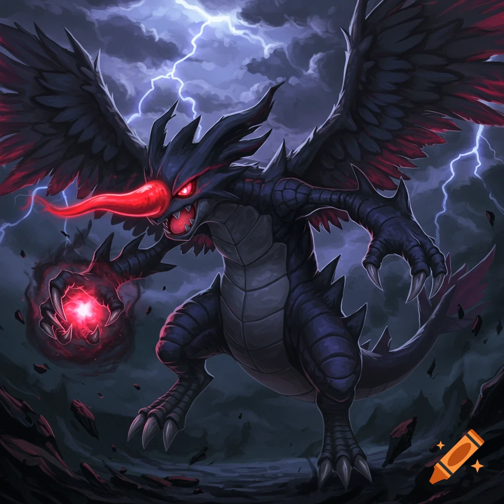 A dark dragon monster with a red nose and red eyes holds a glowing red orb as lightning strikes around it.