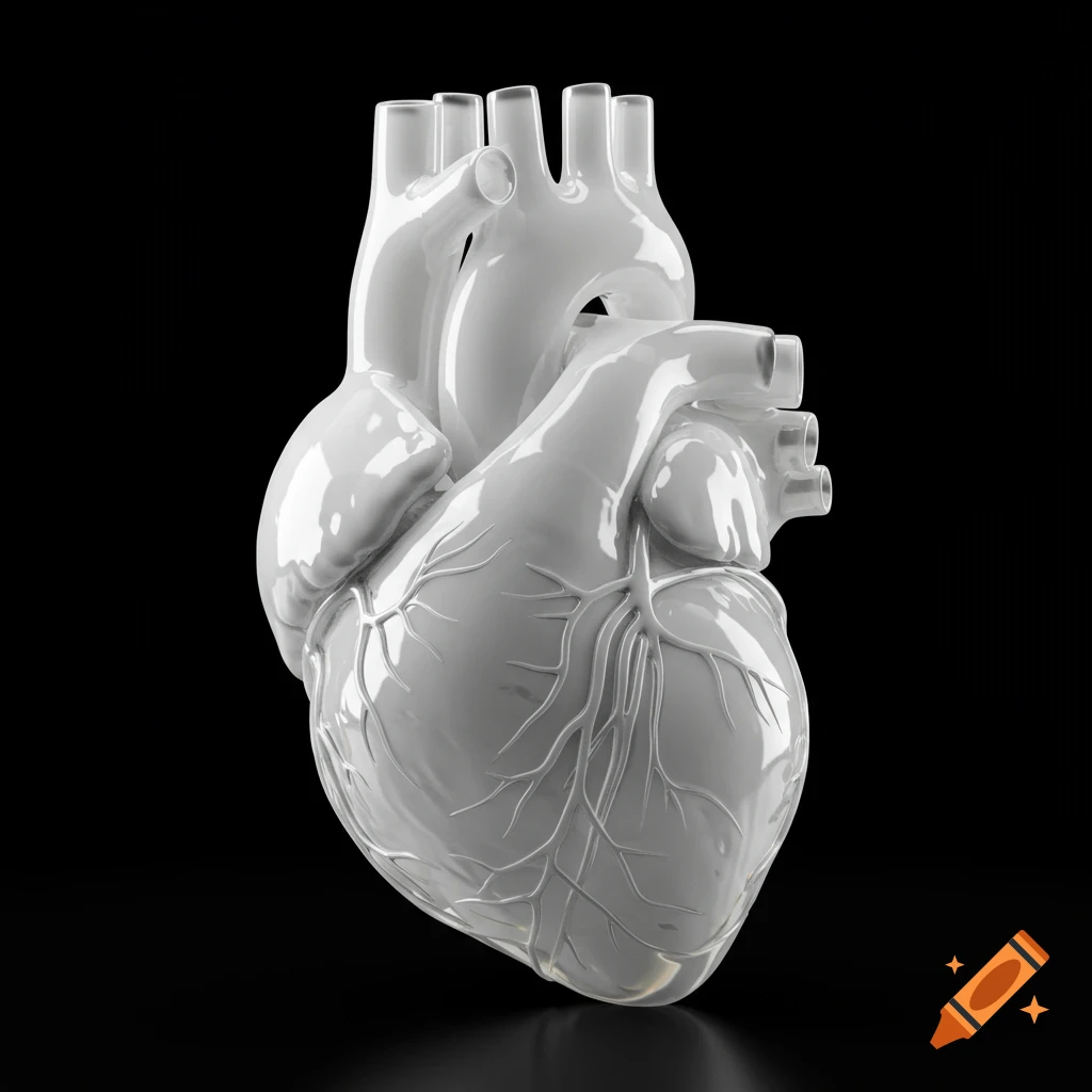 A stylized white glossy anatomical heart on a black background.