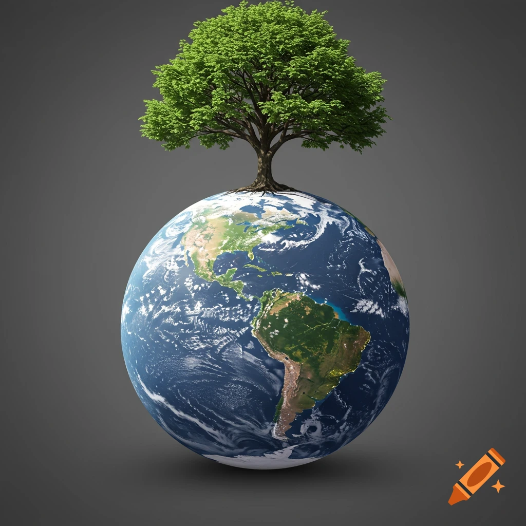 A digitally rendered image of the Earth with a tree growing from the top against a grey background.