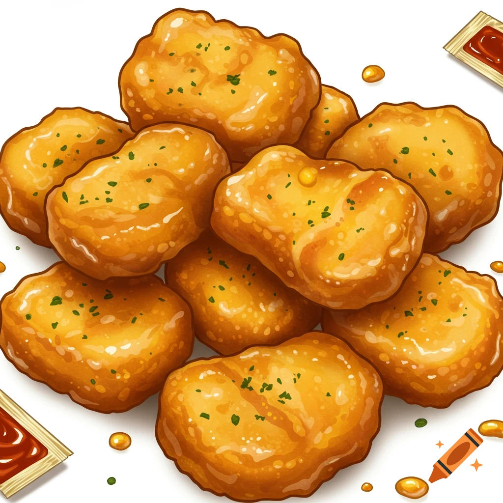A pile of chicken nuggets and sauce packets.