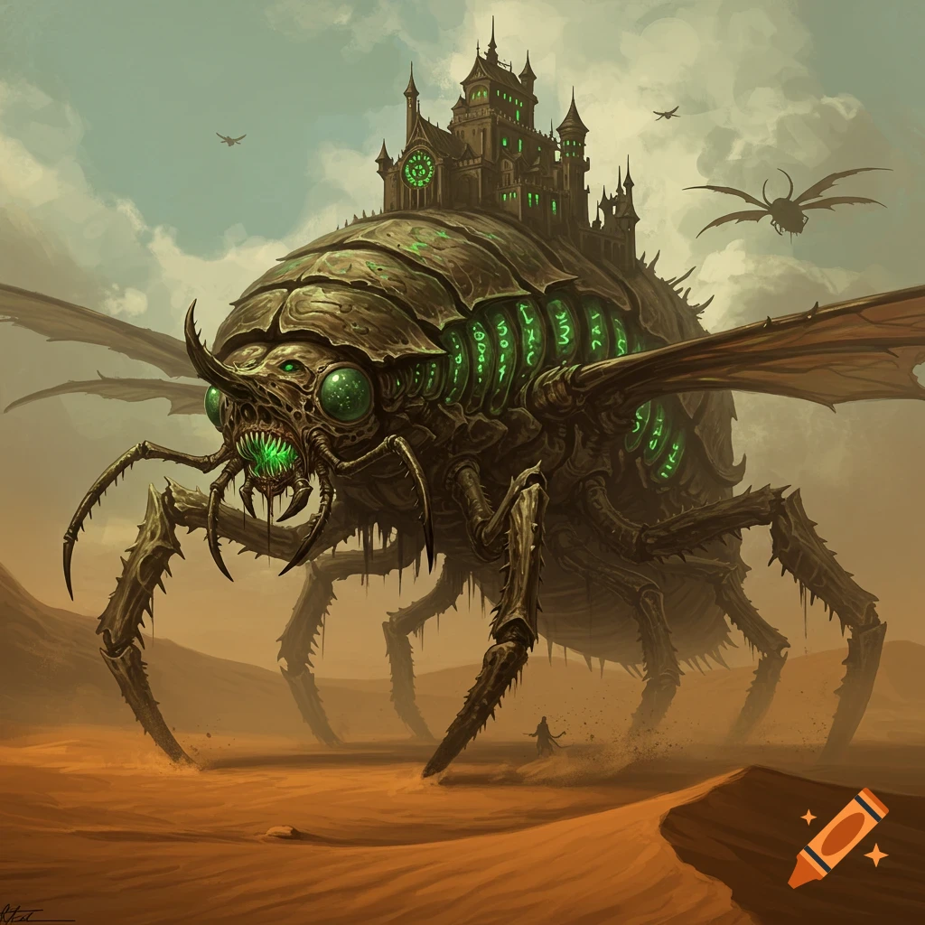 A colossal insect monster carrying a dark castle on its back, walking through a desert.