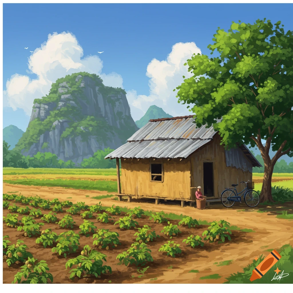 A small rural house sits in a field with mountains in the background and a tree nearby.