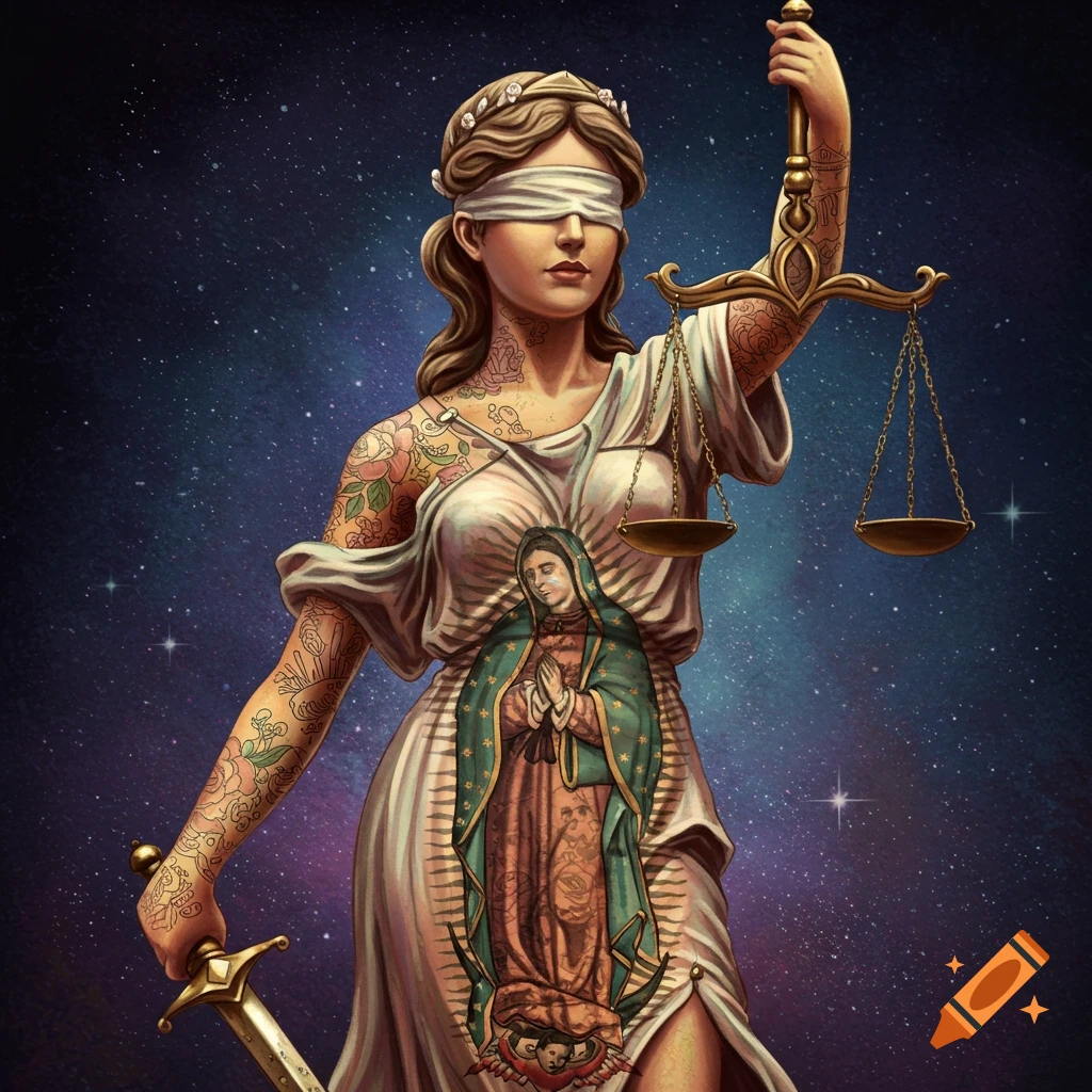 A blindfolded Lady Justice holding scales and a sword, covered in tattoos including the Virgen de Guadalupe on her chest, set against a starry sky.
