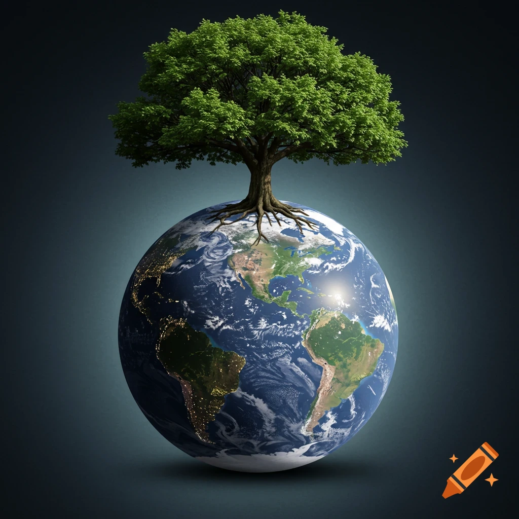 A large green tree grows out of the top of a view of the Earth.