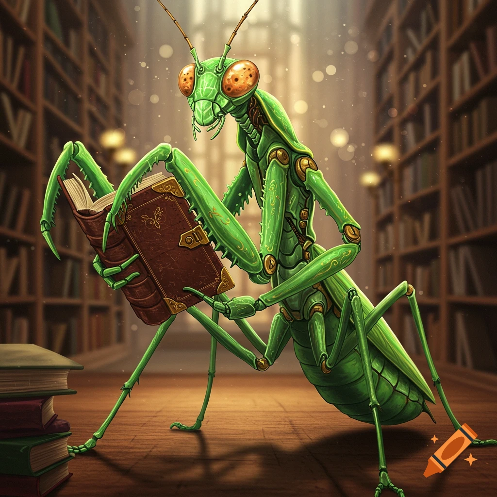 A green insectoid robot praying mantis reads a book in a library.