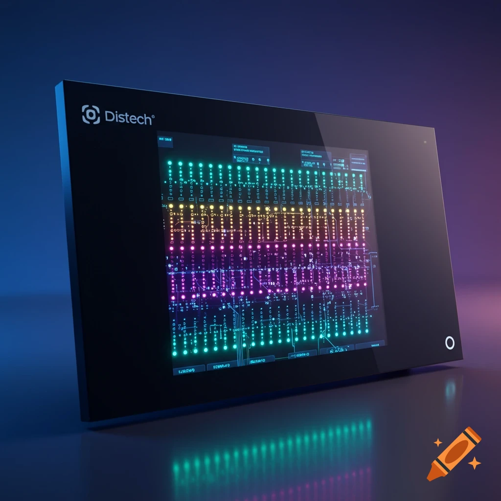 A digital screen displaying a colorful circuit pattern with a Distech logo.