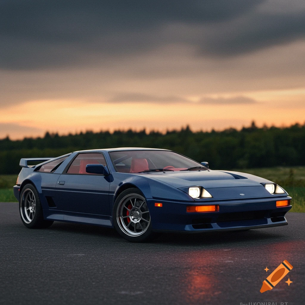 A blue sports car is parked on a road at sunset.
