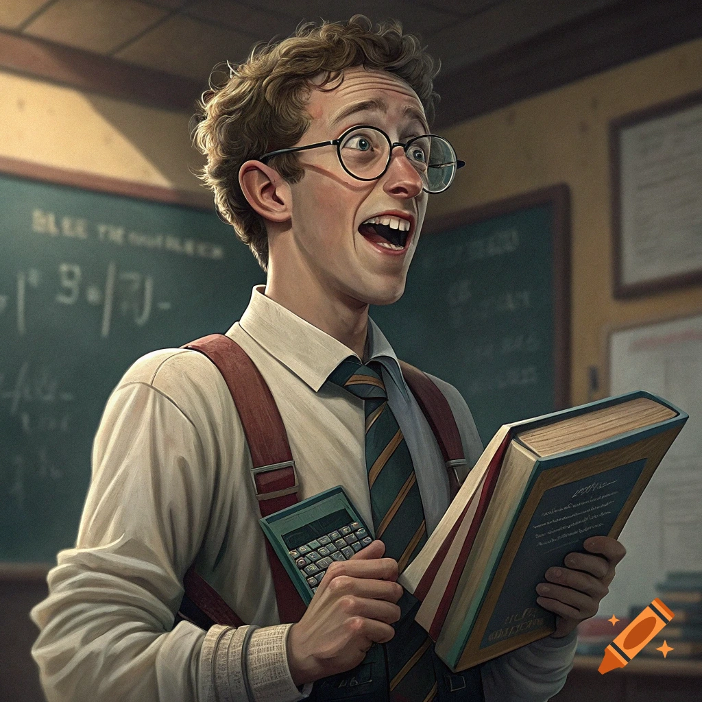 A nerdy man with glasses, suspenders, and a tie holds a book and calculator, looking surprised in front of a chalkboard.