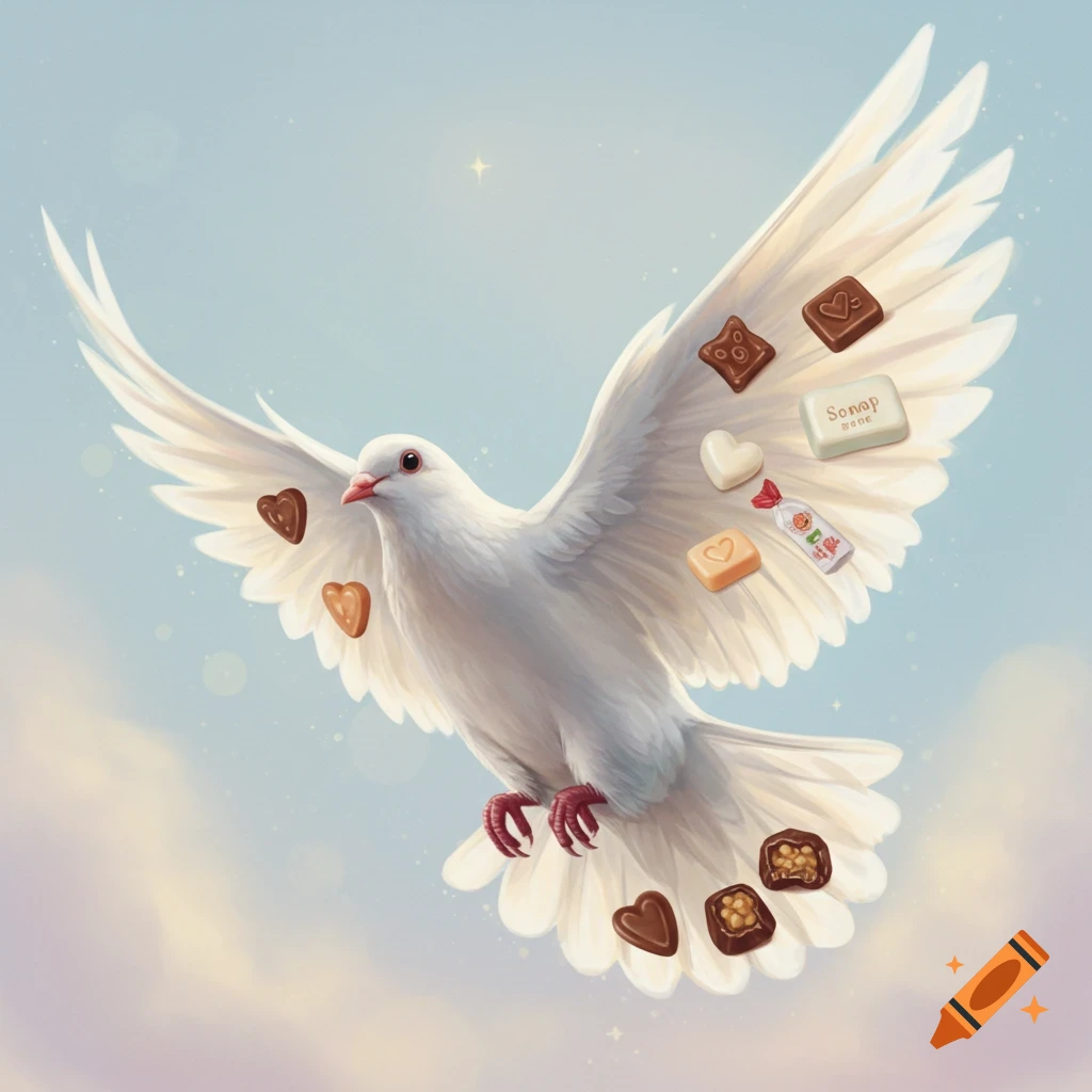 A white dove is shown flying with chocolates and a bar of soap on its wings.