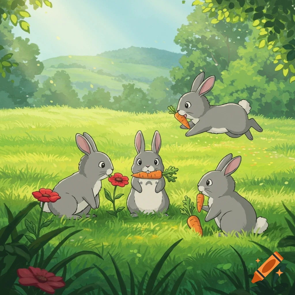 Four cute cartoon bunnies in a grassy field eating carrots in a Studio Ghibli animation style.