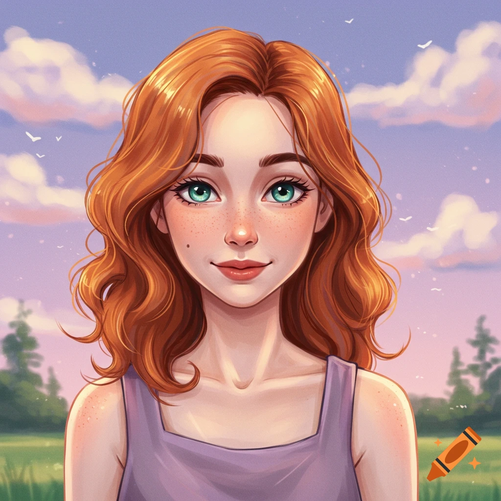 Portrait of a young woman with red hair and green eyes smiling against a sky background.