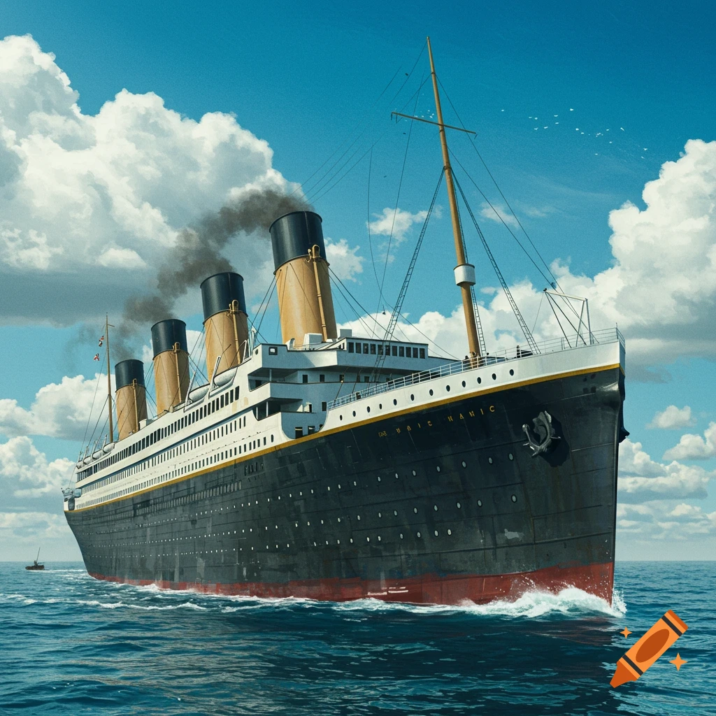 The Titanic ship sailing on the ocean under a cloudy blue sky.