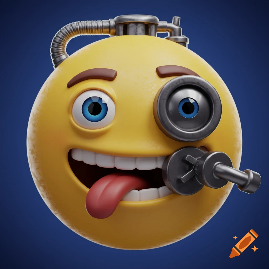 A 3D rendered yellow emoji face with one mechanical eye, a key in its mouth, and mechanical tubes on its head.