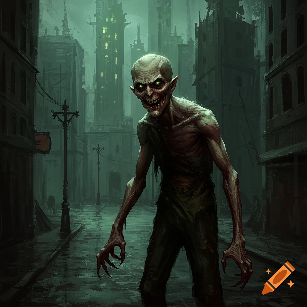 A grotesque, skeletal creature with glowing eyes stands on a wet, dark city street.