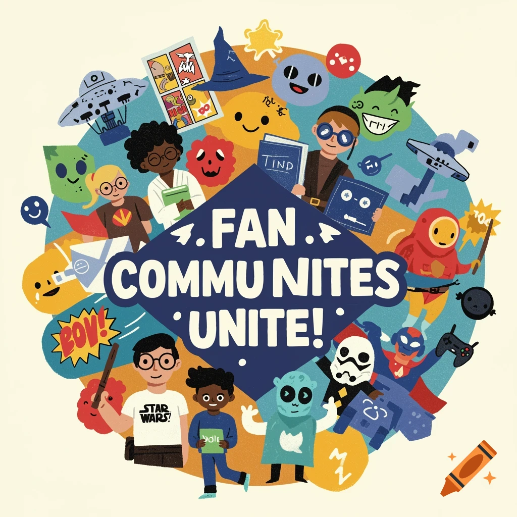 Vibrant cartoon illustration of diverse fan community members surrounding text 'FAN COMMUNITIES UNITE!'