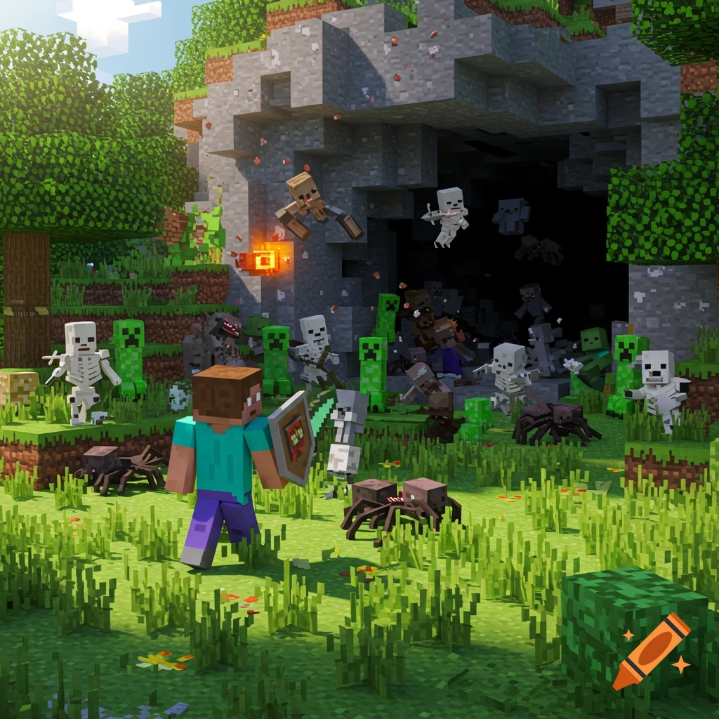 Minecraft Steve fighting zombies, skeletons, creepers, and spiders coming from a cave