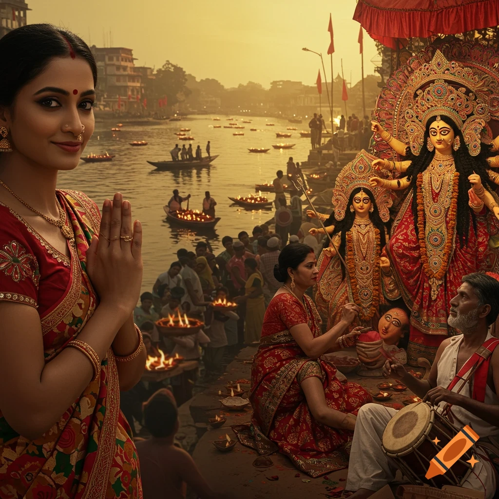 Hyper-realistic photo of a Bengali festival with a woman, Durga idols, people, and boats on a river at golden hour.