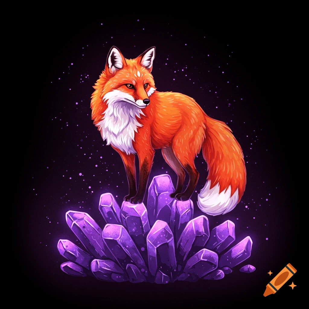 A stylized red fox stands on a pile of purple crystals against a black background.