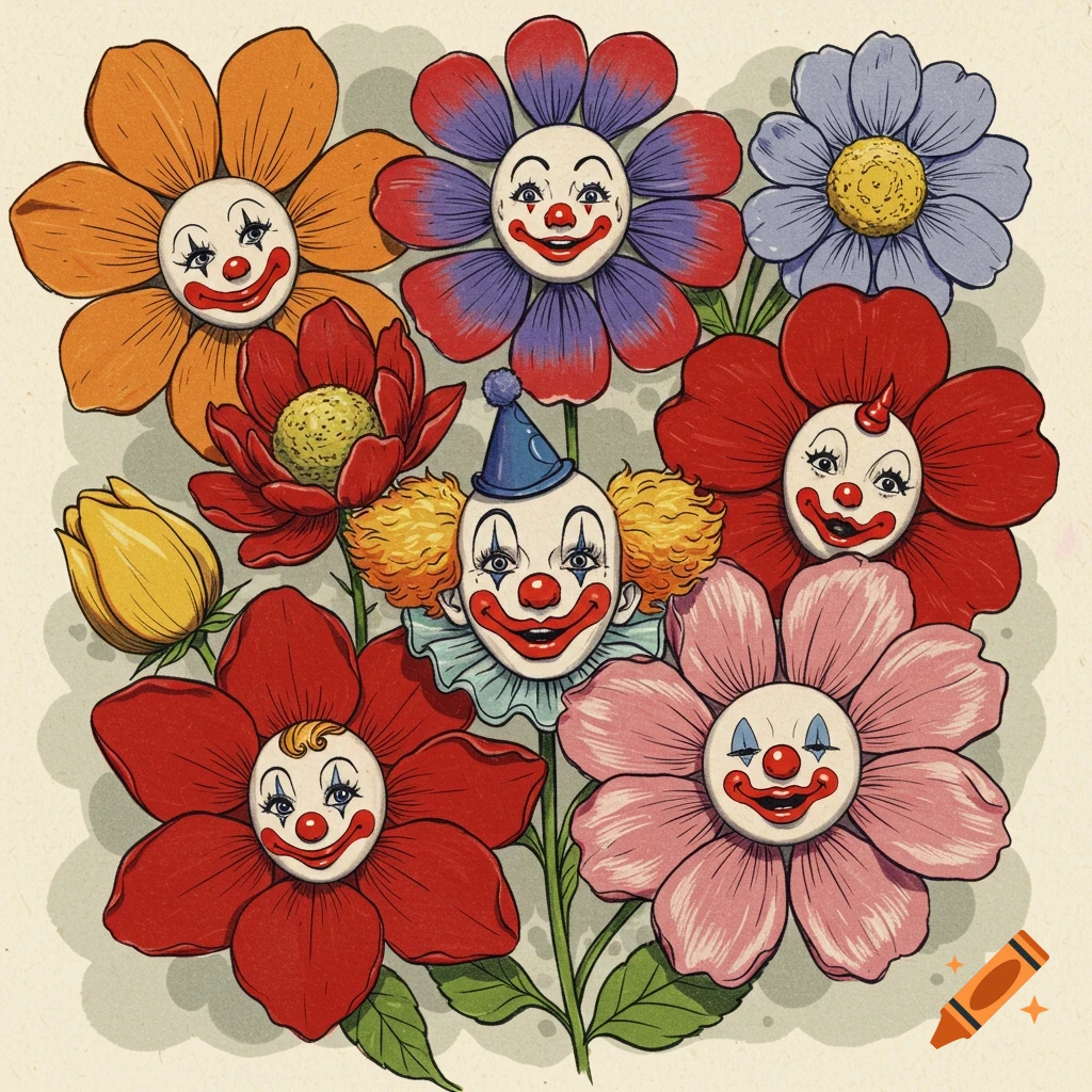 A vintage style illustration of a bouquet of flowers with clown faces in the center of the petals.