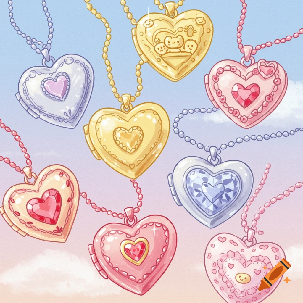 Illustration of multiple heart lockets with chains in various colors against a pastel sky.