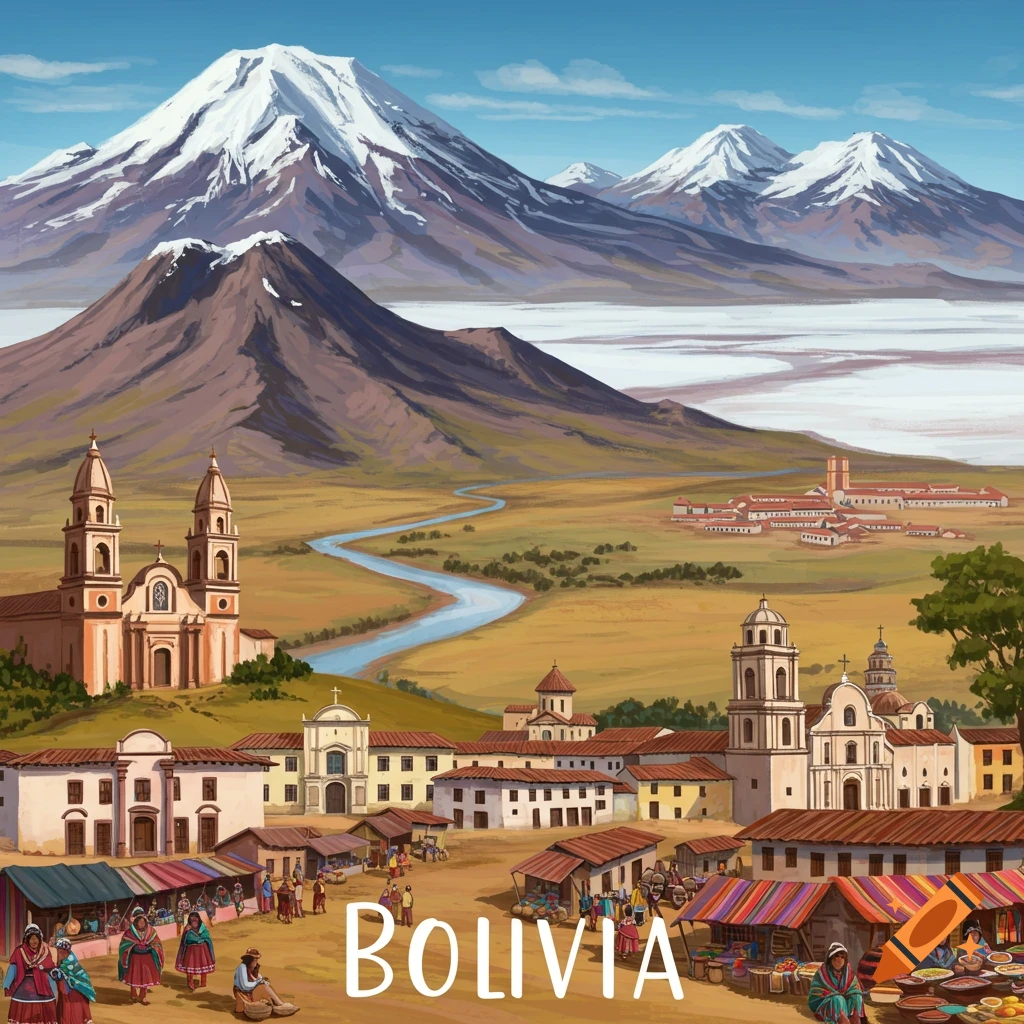 A Bolivian landscape featuring snowy mountains, a river, buildings, and a bustling market with people, alongside the text 'BOLIVIA'.