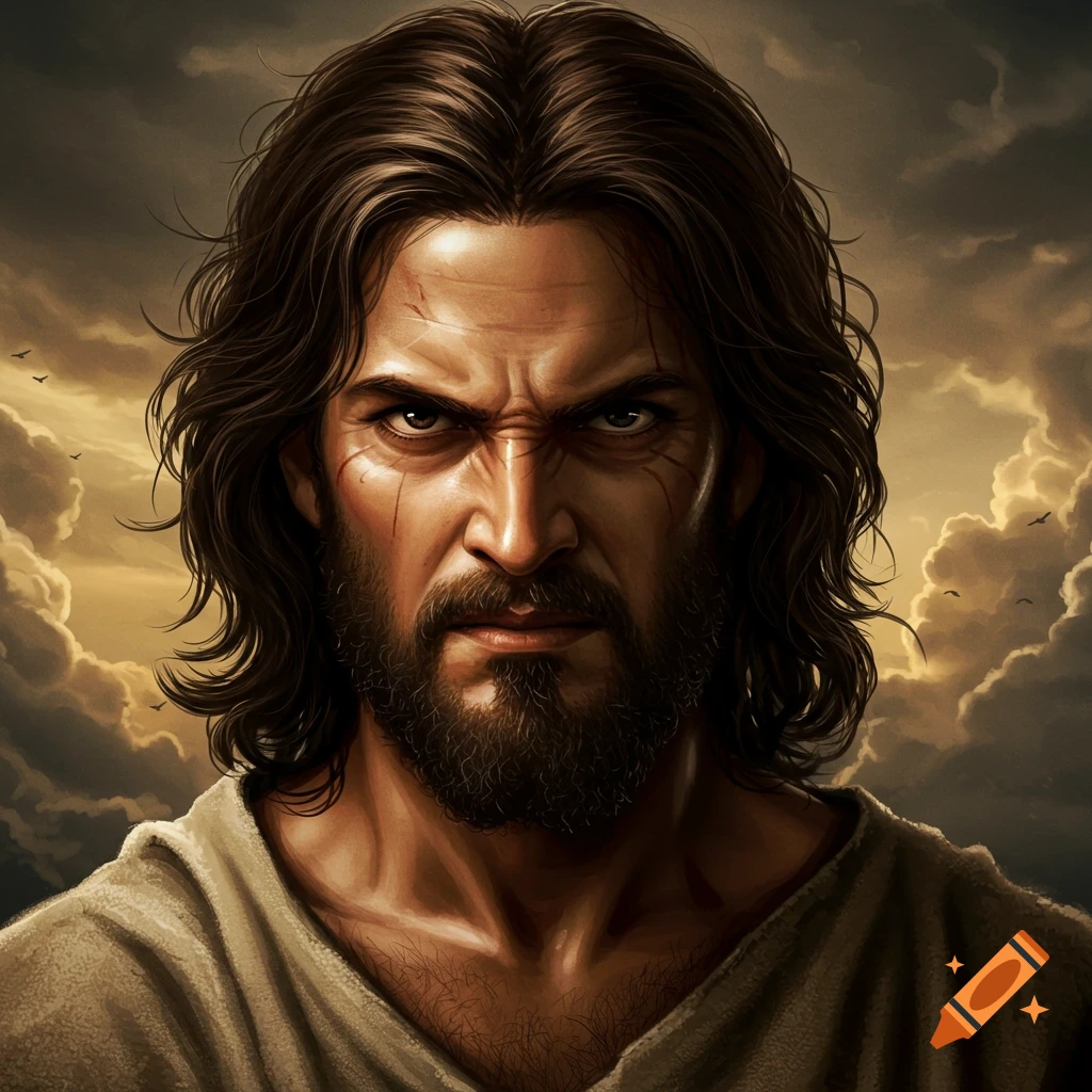 An angry Jesus with long hair and beard against a stormy sky.