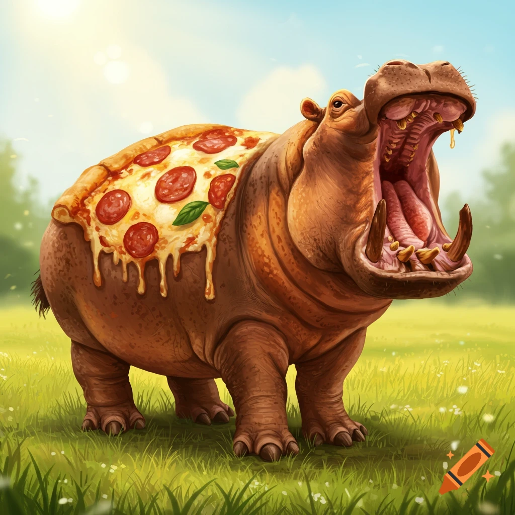 A hippo with a pepperoni pizza on its back stands in a grassy field with its mouth open.